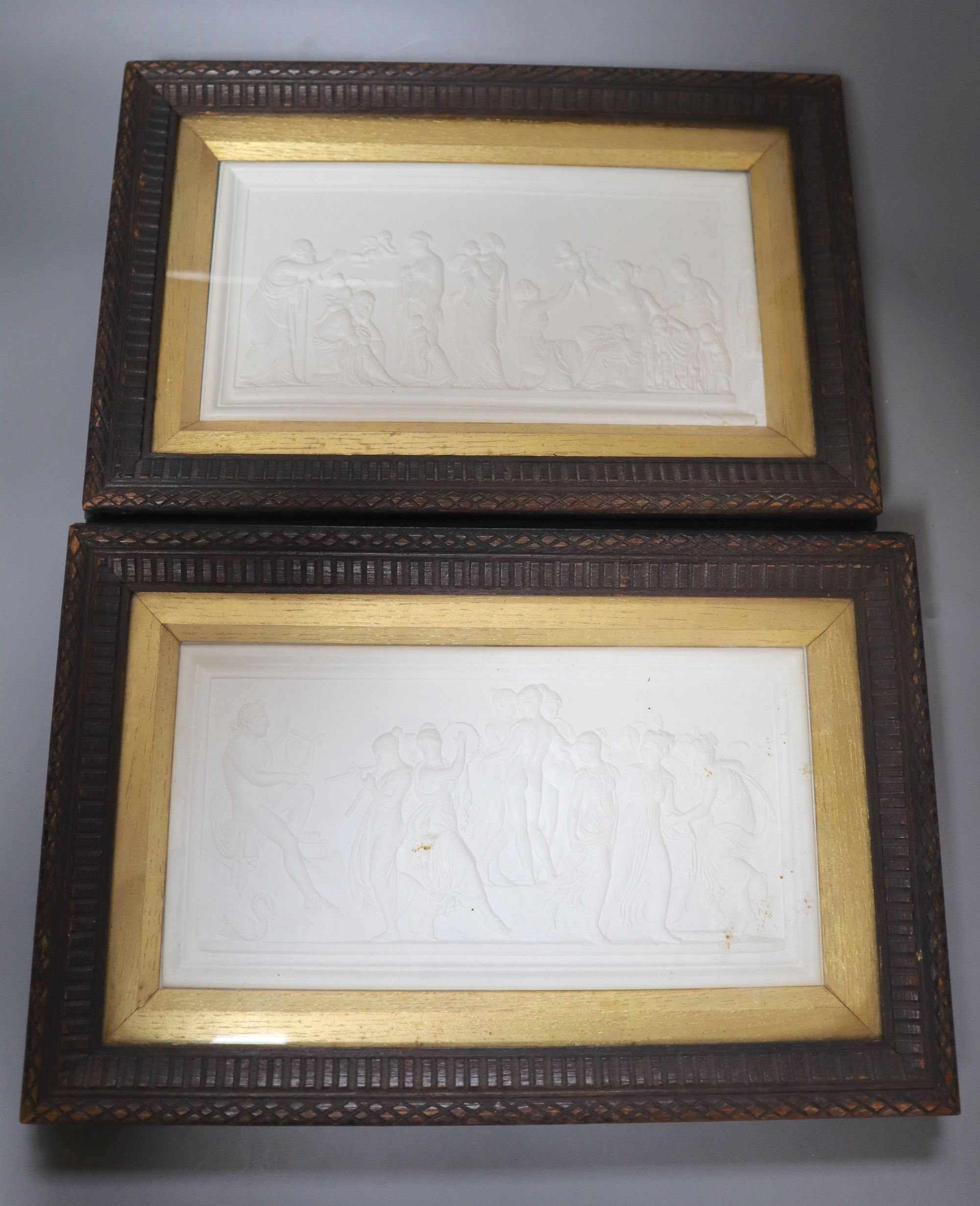After Bertel Thorvaldsen (Danish 1768-1844), Dance of the Muses, plaster plaque and companion piece, a pair, 14 x 26cm excl. frames